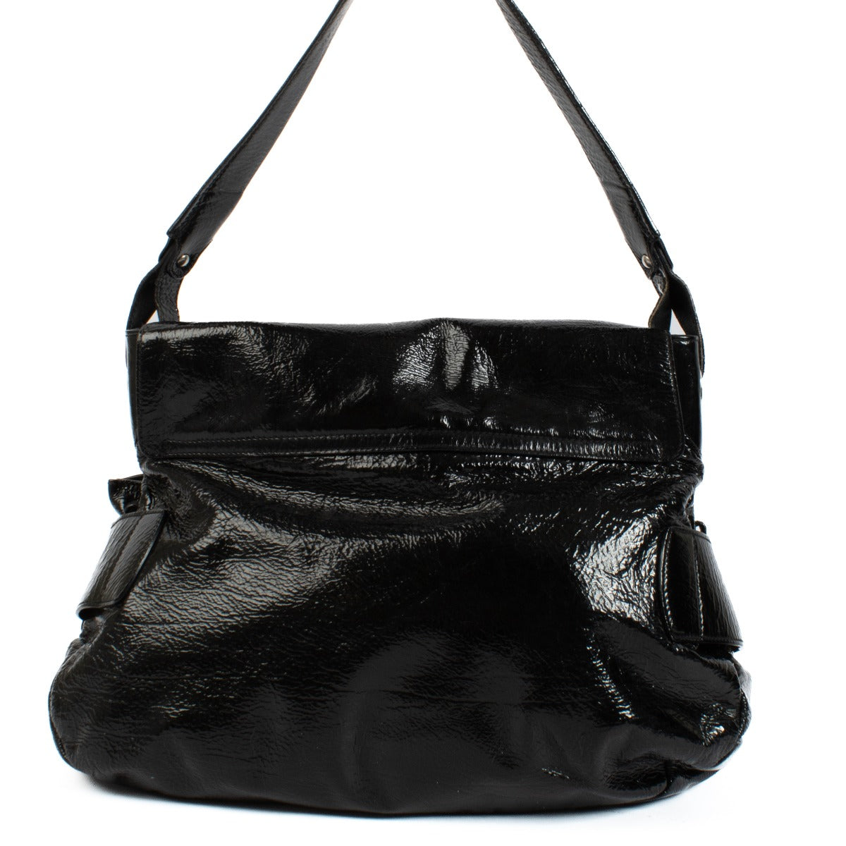 Ferragamo Patent Black Top Handle Bag with silver hardware, featuring a spacious design and glossy patent leather finish. Shop now on Labellov.com.