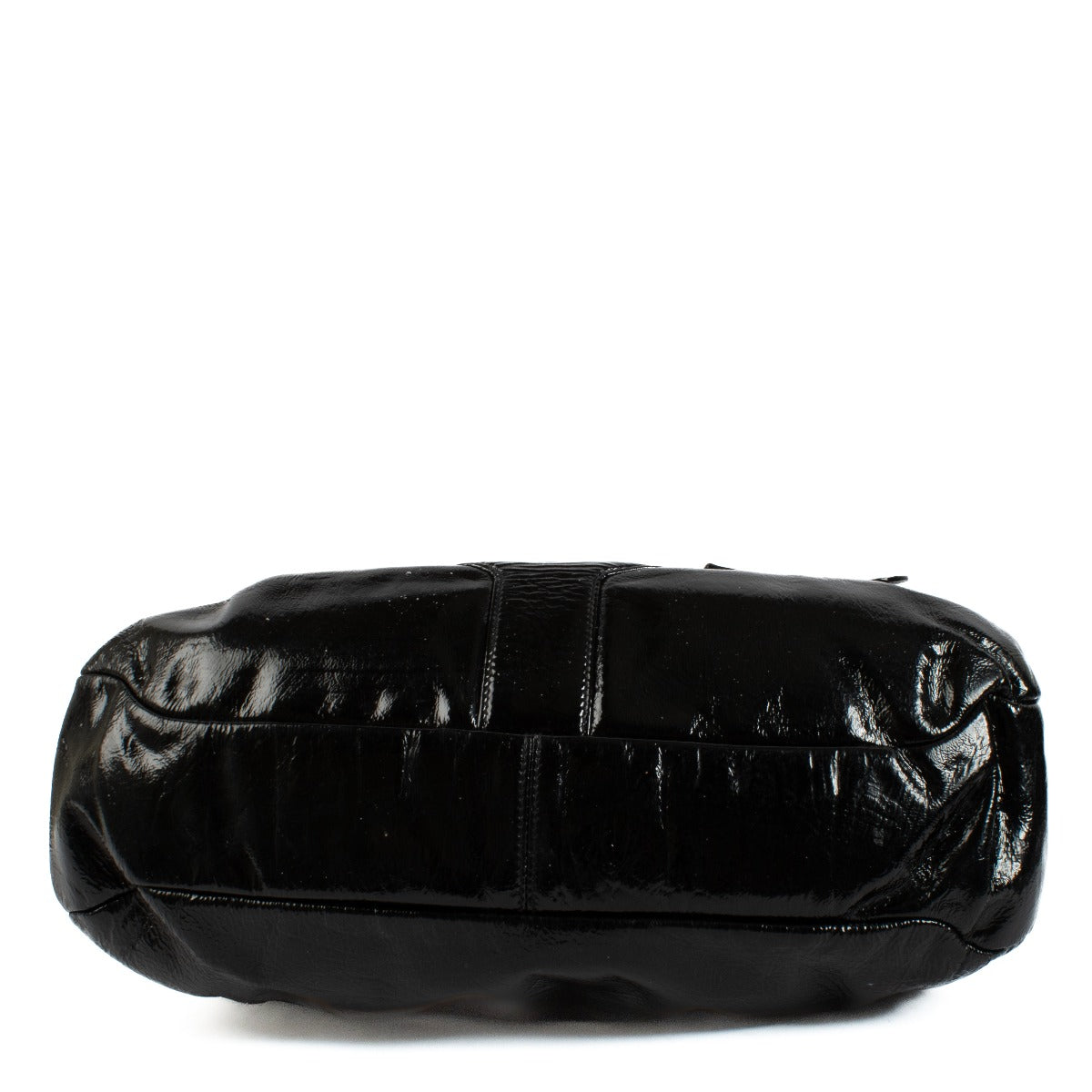 Ferragamo Patent Black Top Handle Bag with silver hardware, featuring a spacious design and glossy patent leather finish. Shop now on Labellov.com.