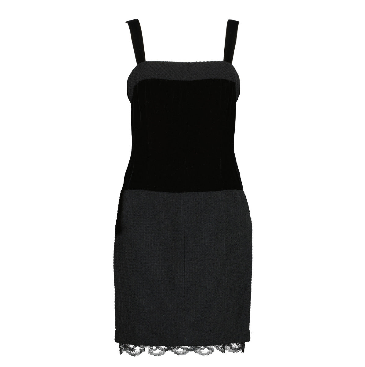 Chanel Vintage Black Velvet/Tweed Lace Trim Dress - Size 40
