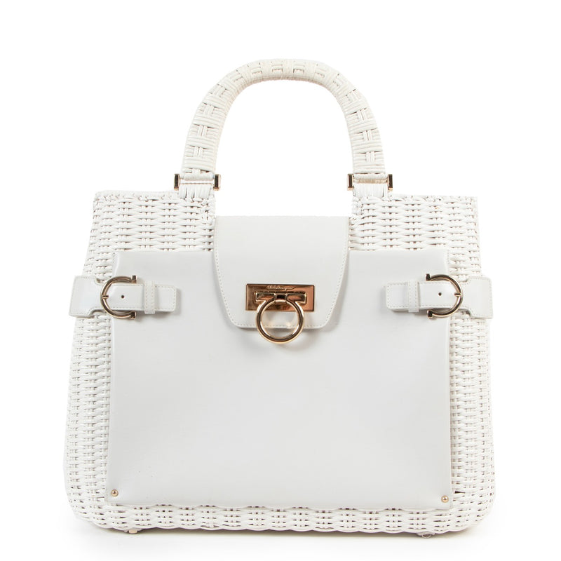 Salvatore Ferragamo White Gancini Wicker Tote Bag