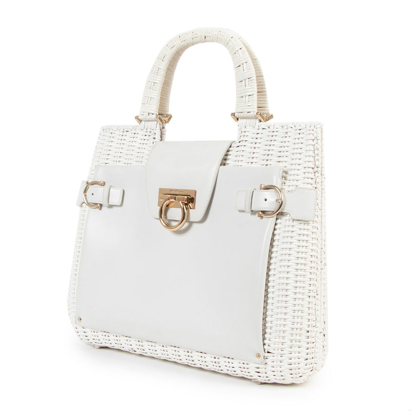 Salvatore Ferragamo White Gancini Wicker Tote Bag
