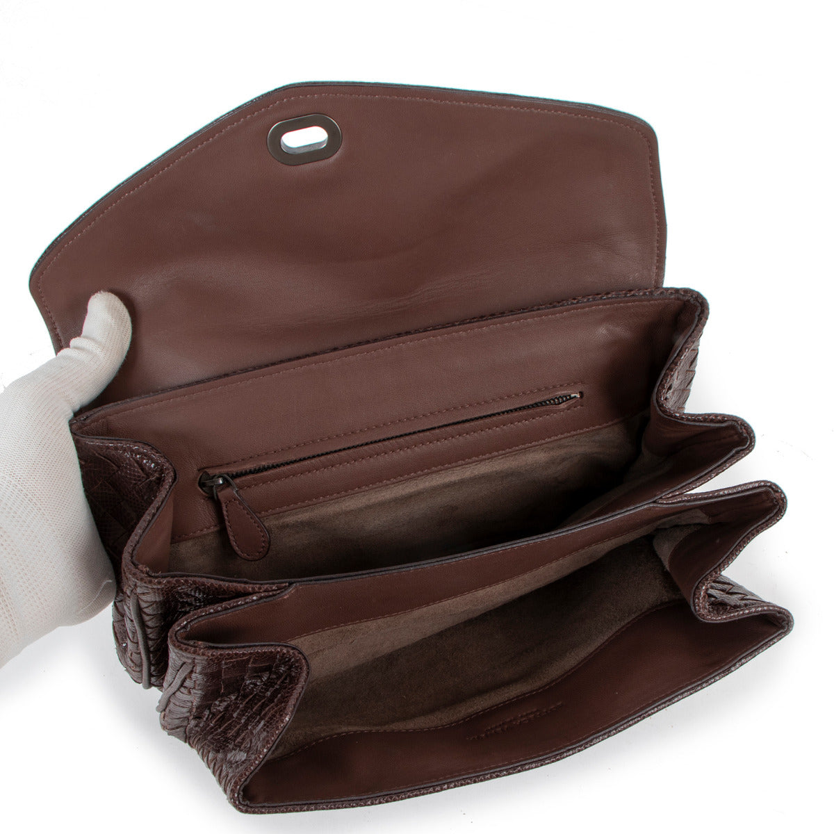 Pochette Bottega Veneta en lézard marron avec Intrecciato