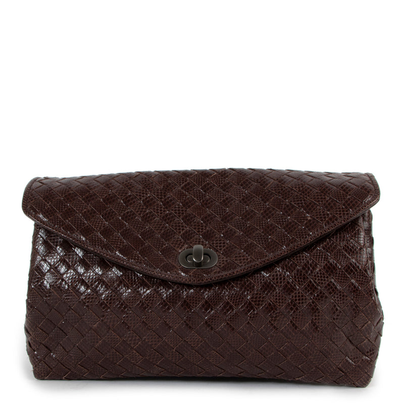 Bottega Veneta Brown Lizard Intrecciato Clutch