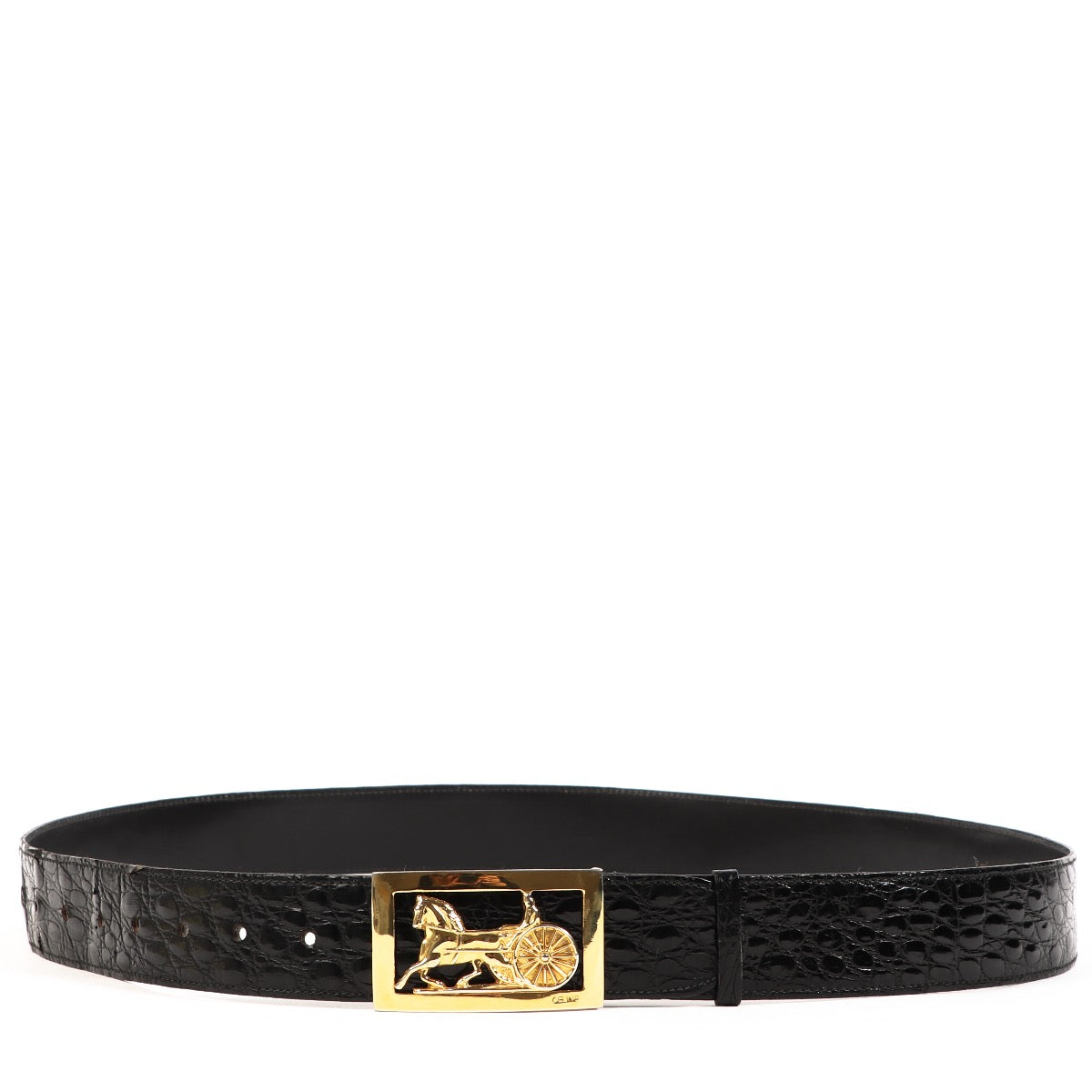 Buy an authentic second handCeline Black Croco Gold Carriage Buckle Belt - Size 100 in very good condition at Labellov.com