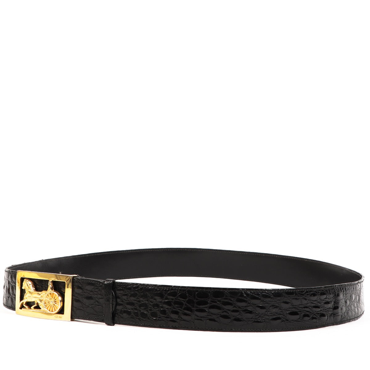 Buy an authentic second handCeline Black Croco Gold Carriage Buckle Belt - Size 100 in very good condition at Labellov.com