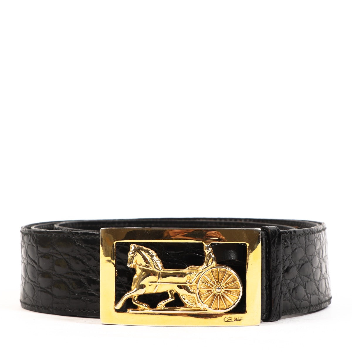 Buy an authentic second handCeline Black Croco Gold Carriage Buckle Belt - Size 100 in very good condition at Labellov.com