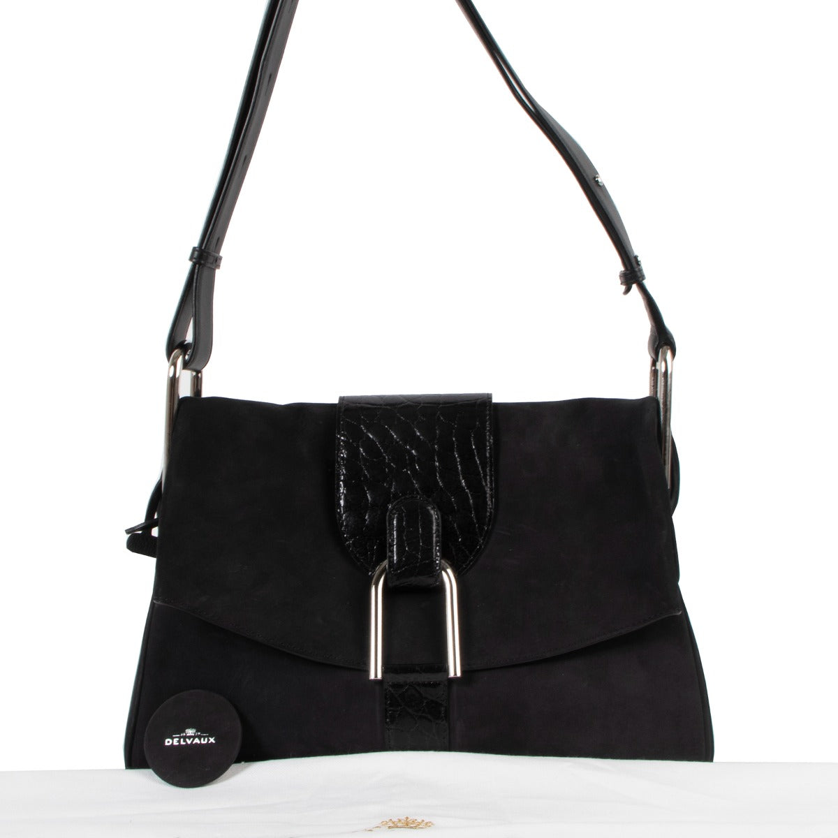 Delvaux 2016 Givry Nubuck Cheyenne/Alligator Gel Black Shoulder Bag