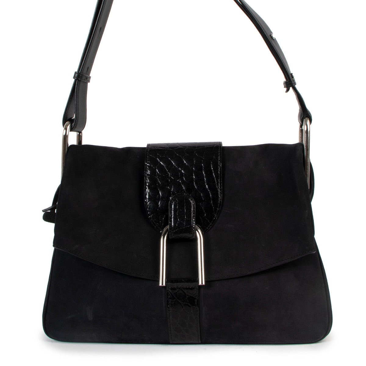 Delvaux Spring/Summer 2016 Givry Nubuck Cheyenne/Alligator Gel Black Shoulder Bag