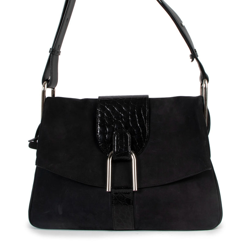 Delvaux Spring/Summer 2016 Givry Nubuck Cheyenne/Alligator Gel Black Shoulder Bag