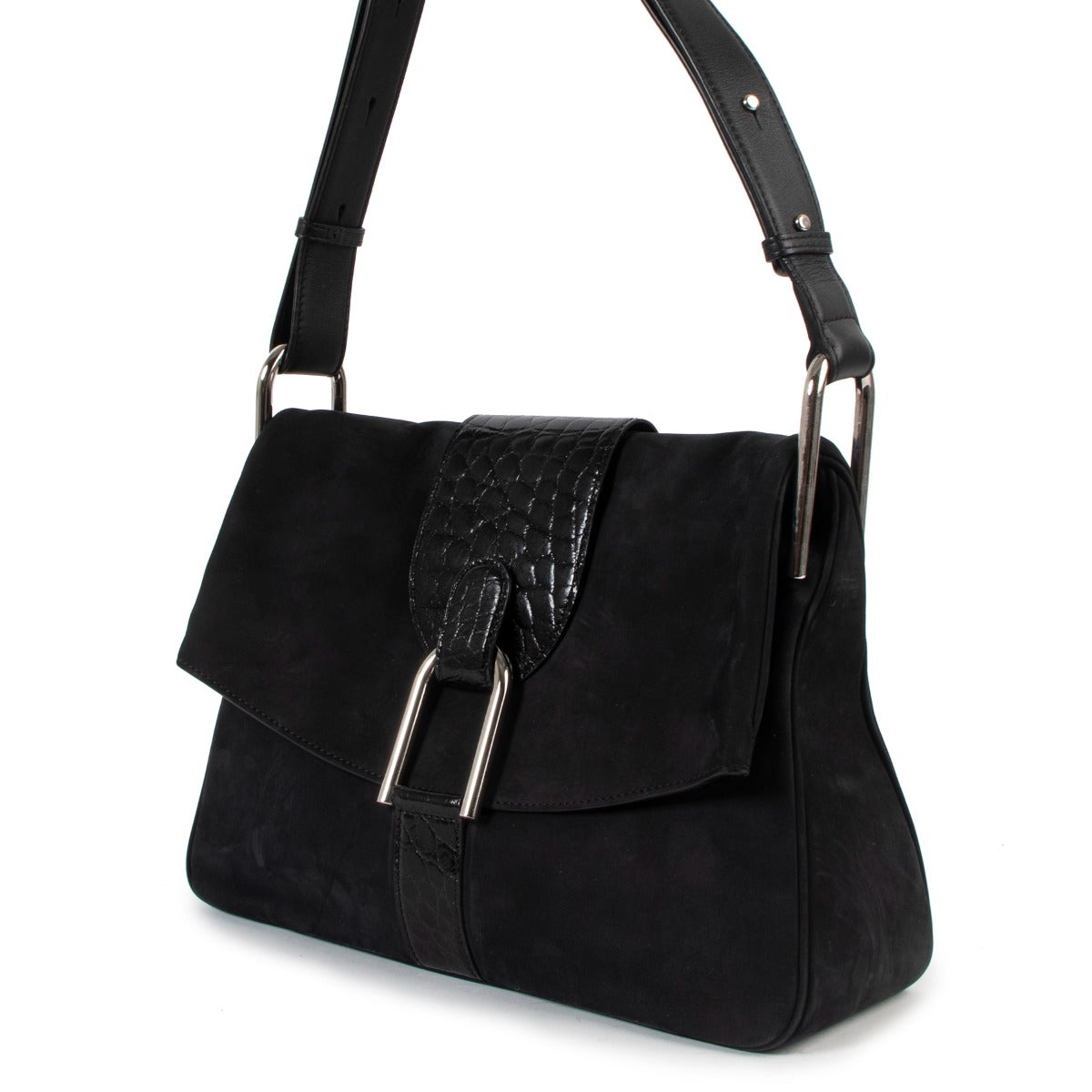 Delvaux Spring/Summer 2016 Givry Nubuck Cheyenne/Alligator Gel Black Shoulder Bag