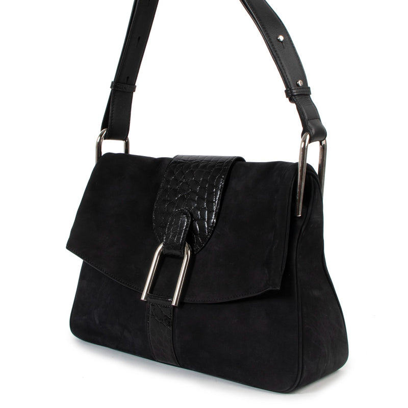 Delvaux Spring/Summer 2016 Givry Nubuck Cheyenne/Alligator Gel Black Shoulder Bag