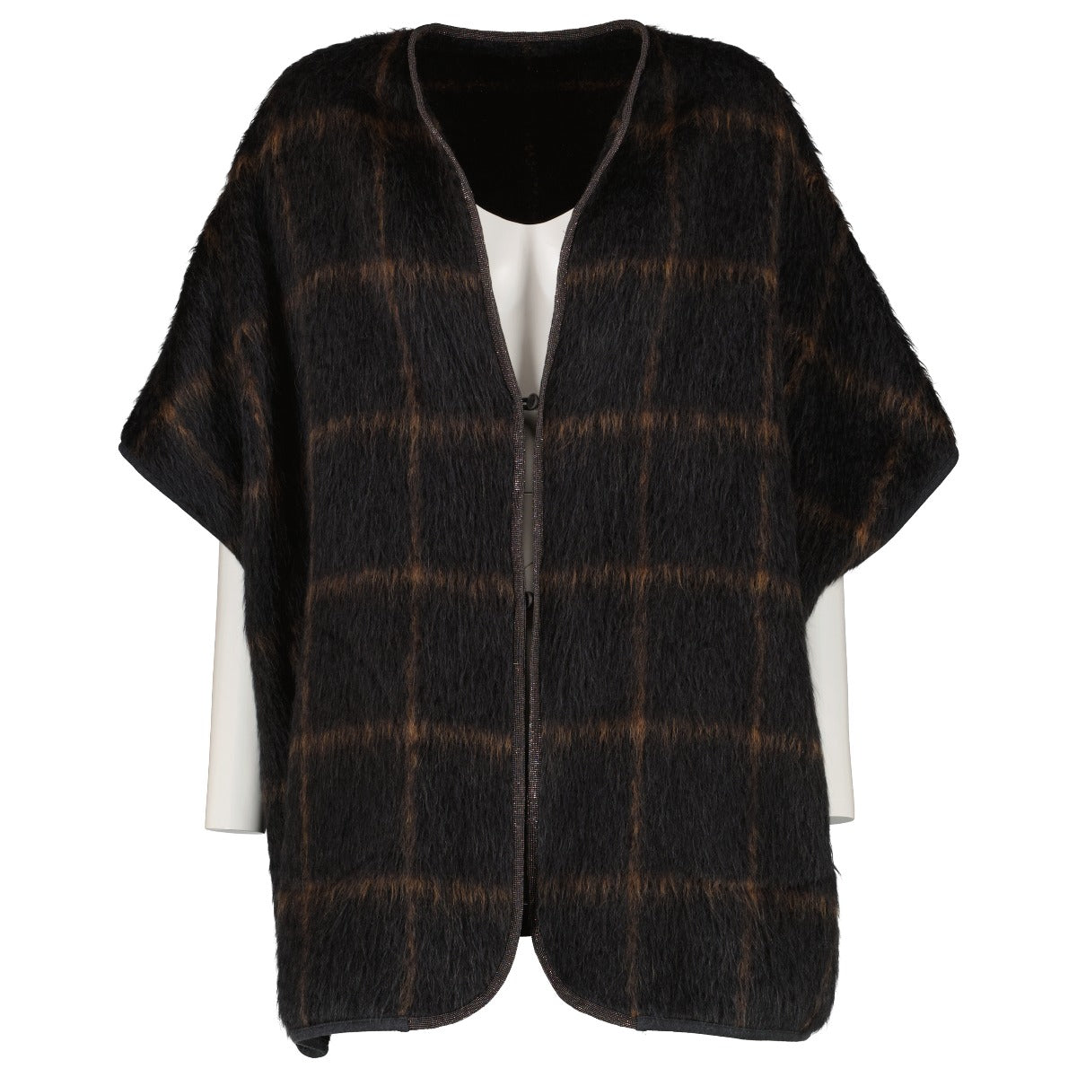 Brunello Cucinelli Black & Brown Check Alpaca Wool Poncho