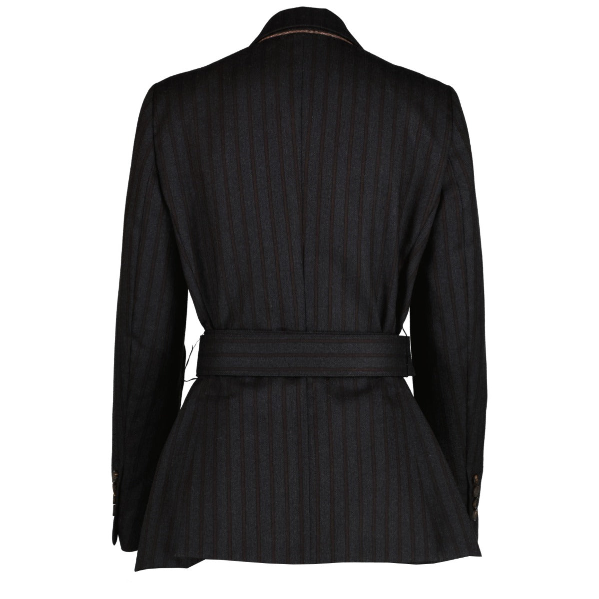 Brunello Cucinelli Black Striped Wool Belted Blazer Jacket