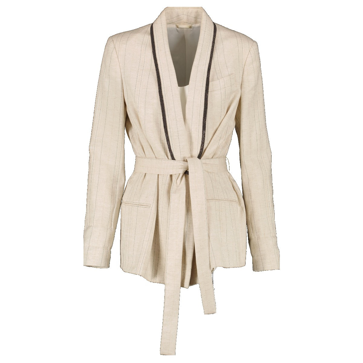 Shop safe online at Labellov in Antwerp and Knokke this 100% authentic second hand Brunello Cucinelli Beige Striped Jacket - Size 40