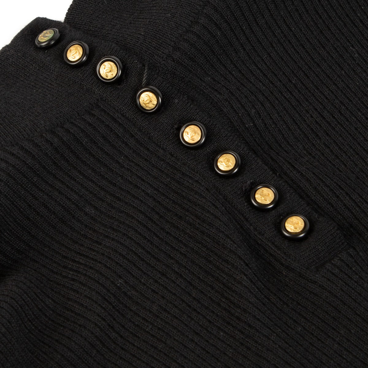 Chanel Vintage Black Knitted CC Button Midi Dress - Size FR42
