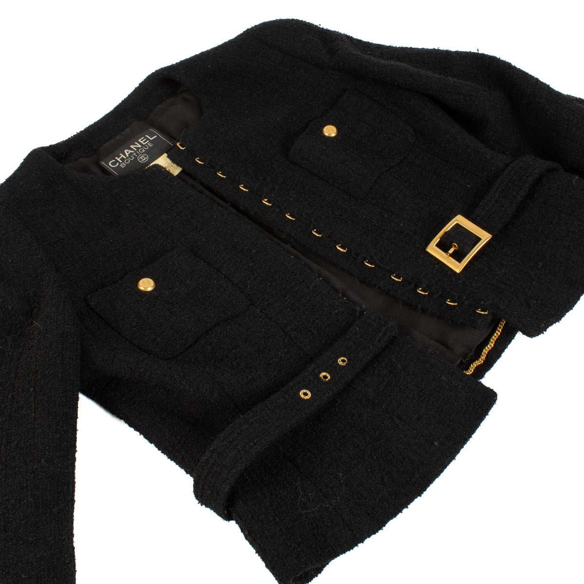 Chanel 96A Black Tweed Scarf/Jacket/Skirt Set - Size FR40