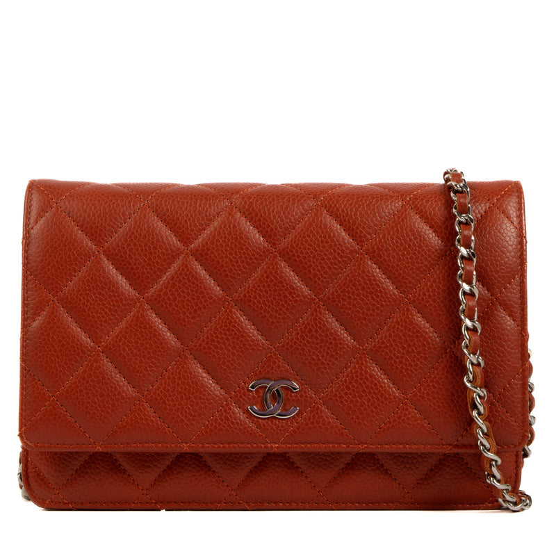 Chanel Verbrande Oranje Caviar Leer WOC Portemonnee aan Ketting Tas