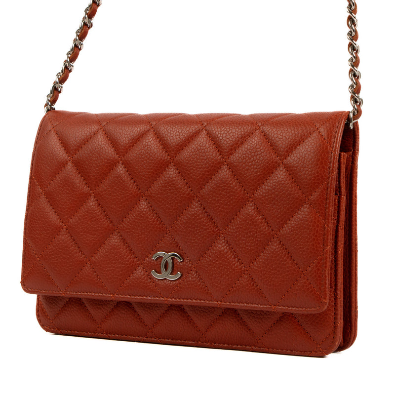 Chanel Verbrande Oranje Caviar Leer WOC Portemonnee aan Ketting Tas