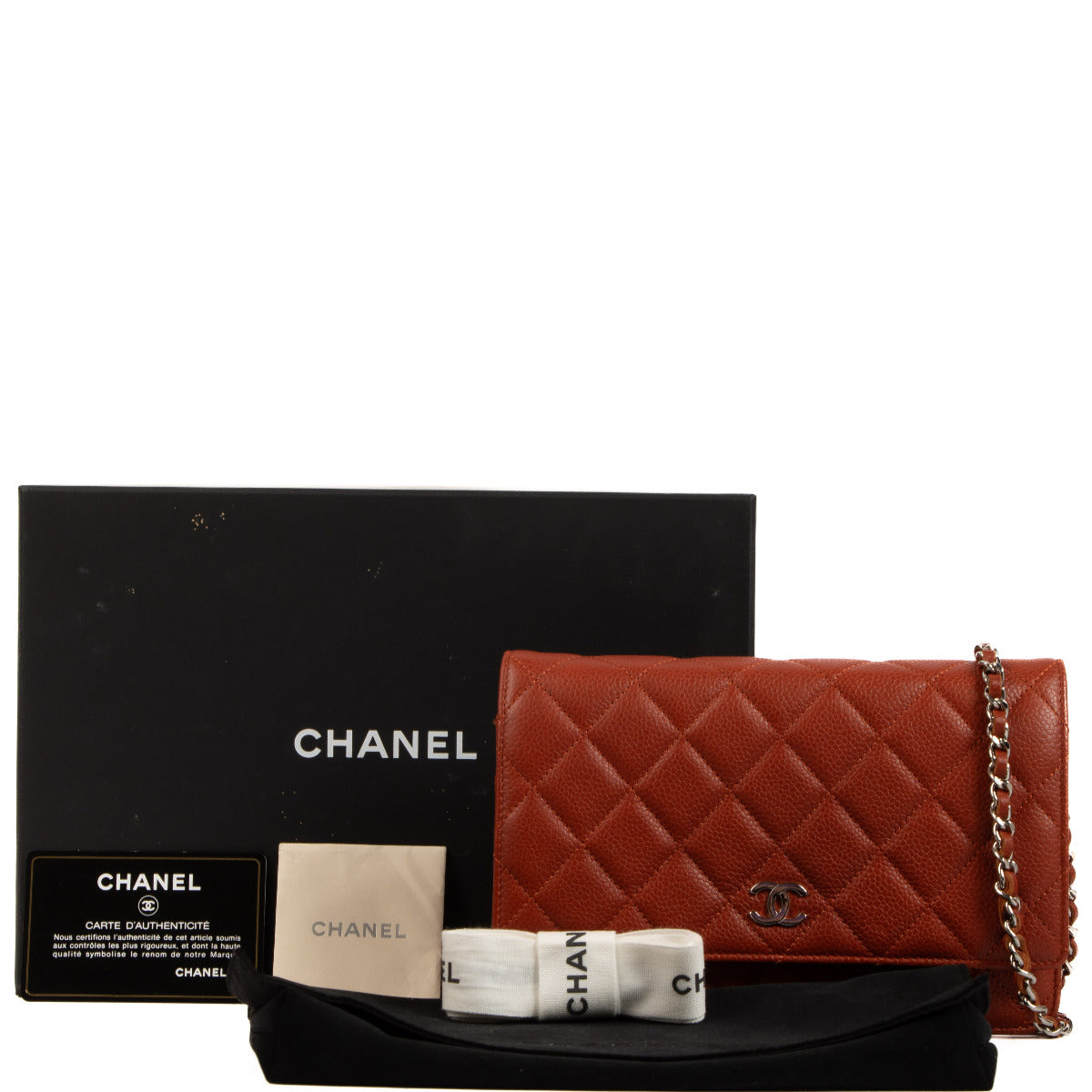 Chanel Verbrande Oranje Caviar Leer WOC Portemonnee aan Ketting Tas