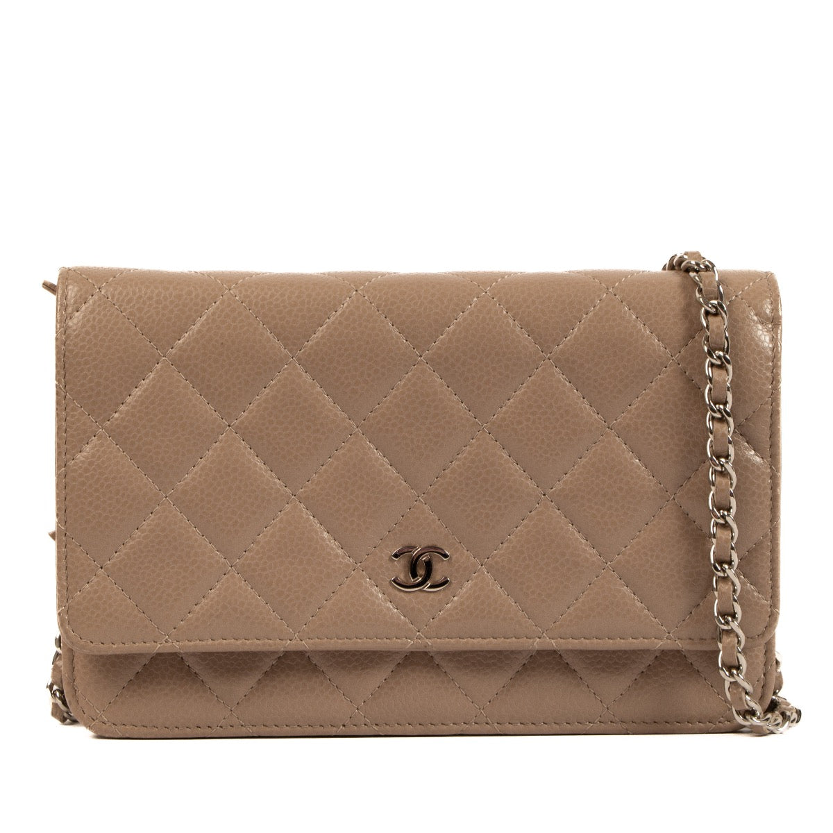 Chanel Taupe Caviar Leather WOC Wallet on Chain Bag for the best price at Labellov secondhand luxury. We buy and sell your preloved and new designer bags for the best price.
