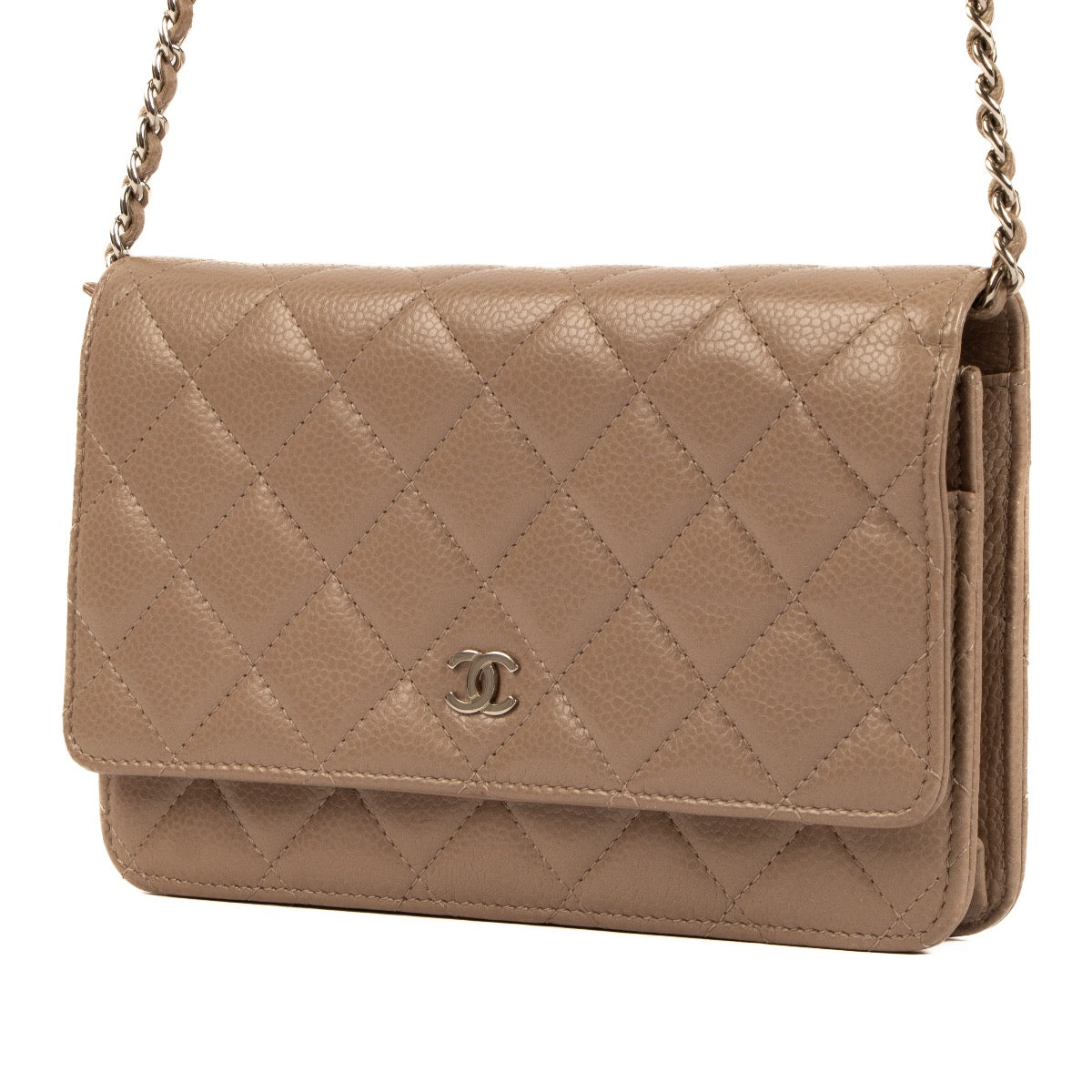 Chanel Taupe Caviar Leather WOC Wallet on Chain Bag for the best price at Labellov secondhand luxury. We buy and sell your preloved and new designer bags for the best price.