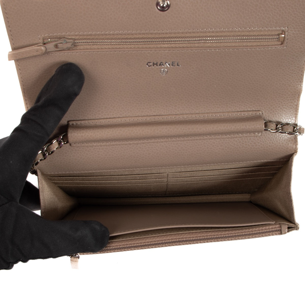 Chanel Taupe Caviar Leather WOC Wallet on Chain Bag for the best price at Labellov secondhand luxury. We buy and sell your preloved and new designer bags for the best price.