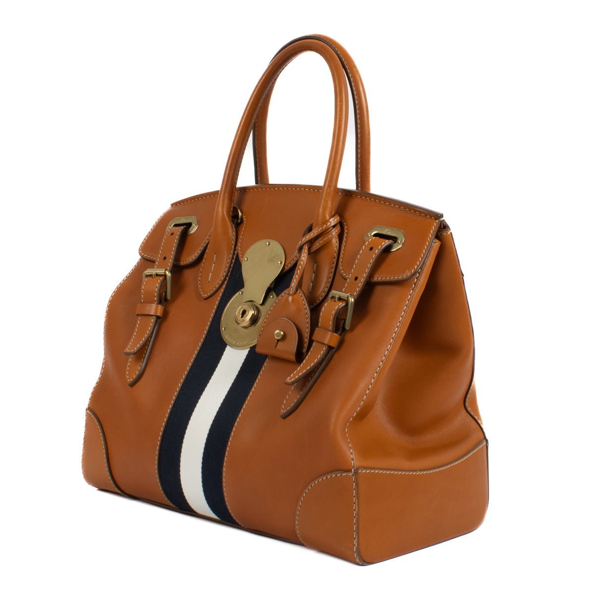 Shop safe online at Labellov in Antwerp, Brussels and Knokke this 100% authentic second hand Ralph Lauren Tan/Navy Striped Soft Ricky 32 Bag
