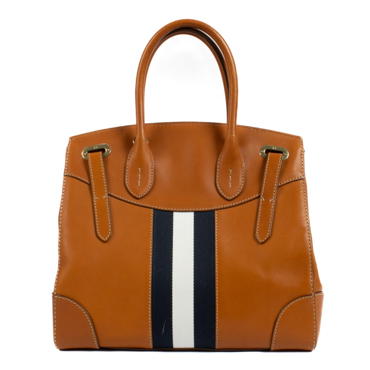 Shop safe online at Labellov in Antwerp, Brussels and Knokke this 100% authentic second hand Ralph Lauren Tan/Navy Striped Soft Ricky 32 Bag