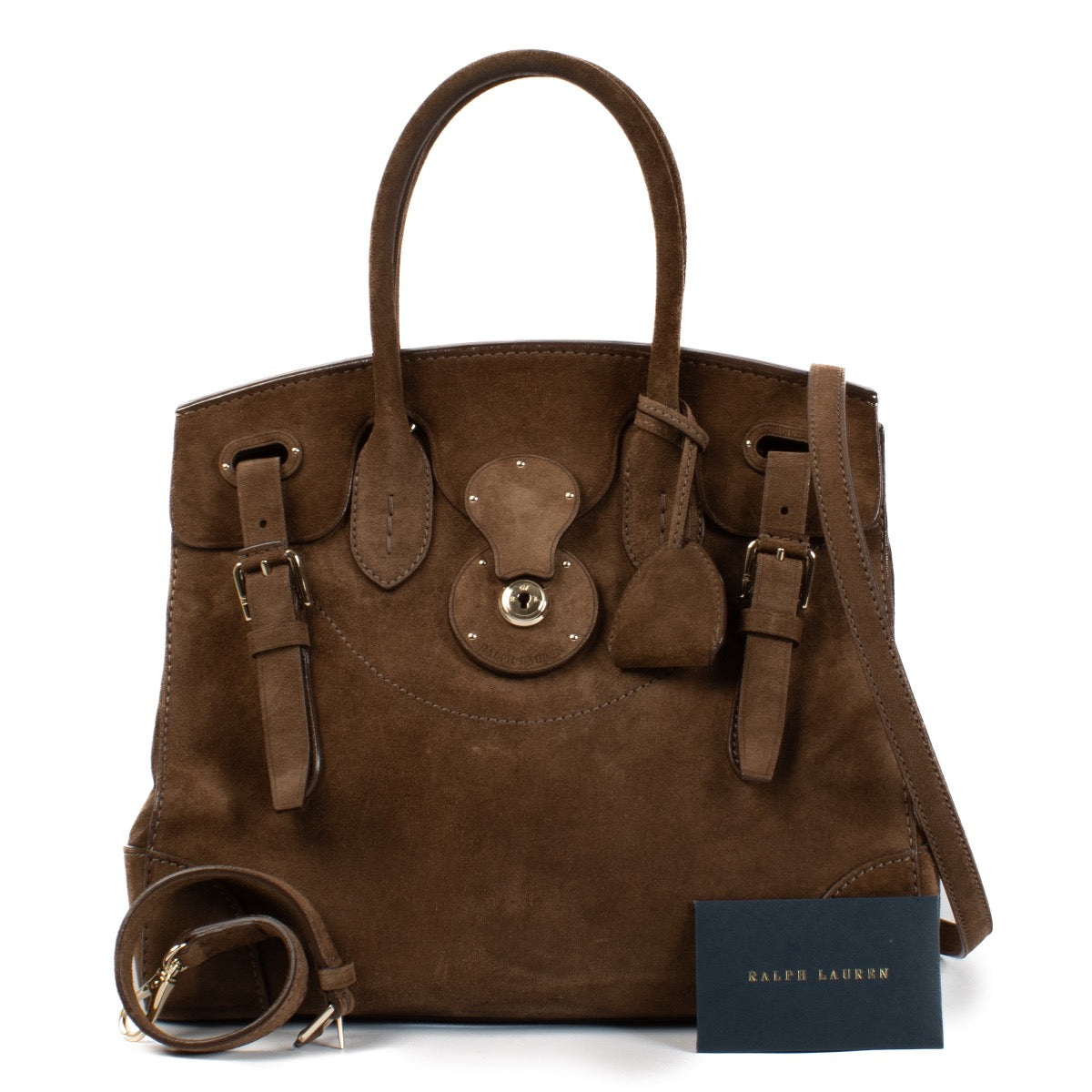 Shop safe online at Labellov in Antwerp, Brussels and Knokke this 100% authentic second hand designer Ralph Lauren Brown Suede Ricky 33 Top Handle Bag