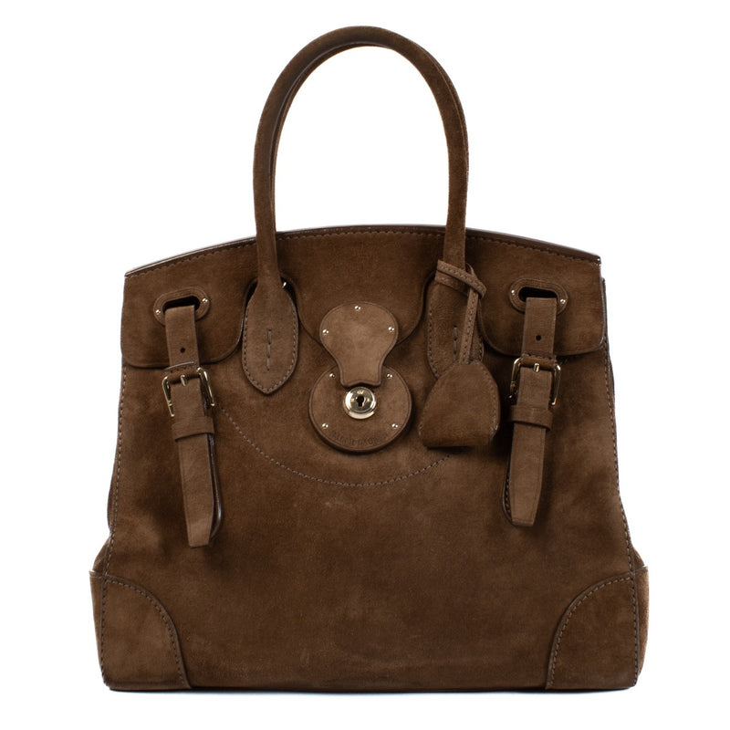 Shop safe online at Labellov in Antwerp, Brussels and Knokke this 100% authentic second hand designer Ralph Lauren Brown Suede Ricky 33 Top Handle Bag