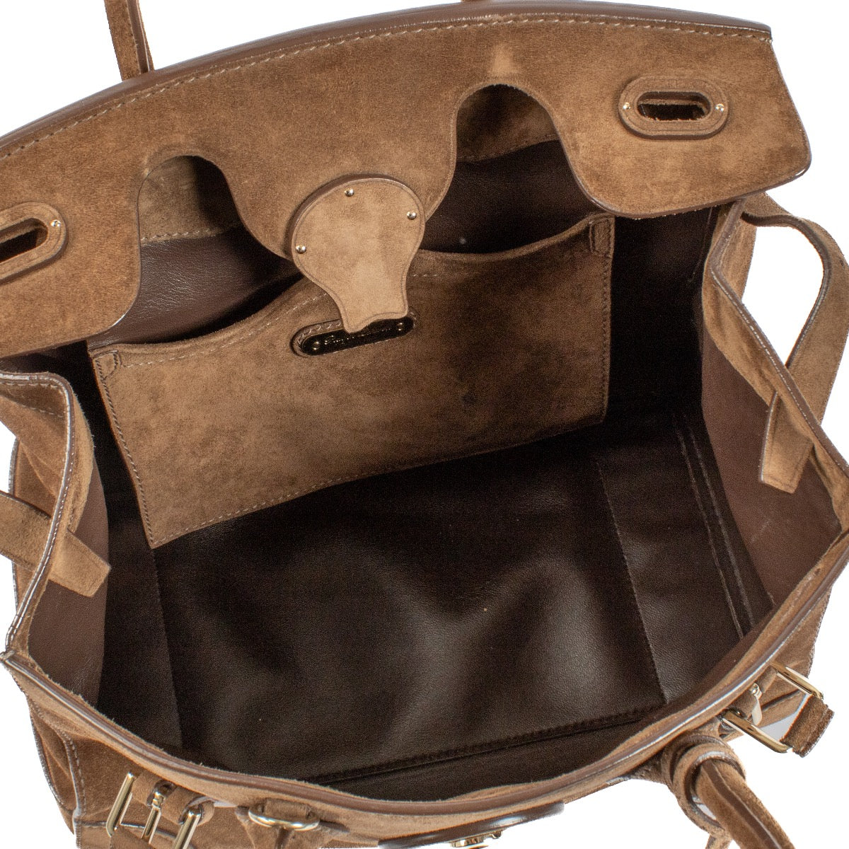 Shop safe online at Labellov in Antwerp, Brussels and Knokke this 100% authentic second hand designer Ralph Lauren Brown Suede Ricky 33 Top Handle Bag