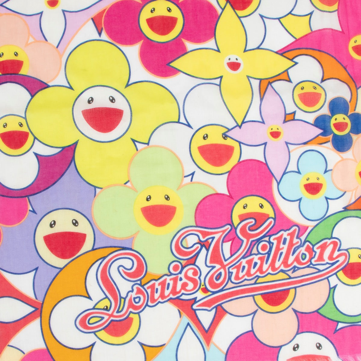 shop your Louis Vuitton x Takashi Murakami Cosmic Smile Cherry Blossom 100% cotton scarf at www.labellov.com