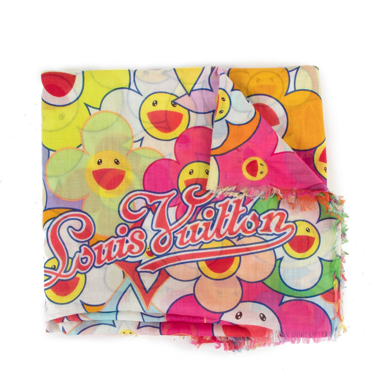 Buy an authentic second hand Louis Vuitton x Takashi Murakami Cosmic Smile Sherry Blossom Scarf in very good condition at www.labellov.com