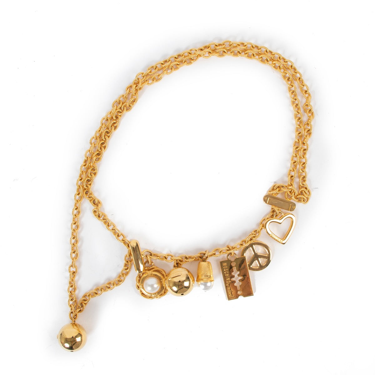 Buy an authentic second hand Moschino Redwall Vintage Chunky Gold-Plated Chain Belt with Charms in a size 85 in very good condition at Labellov.com