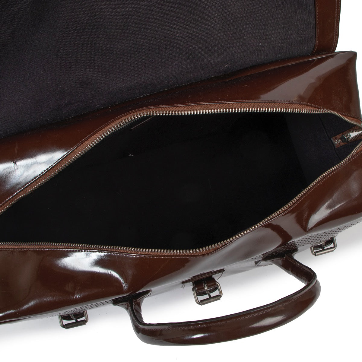 Shop safe online at Labellov in Antwerp this 100% authentic second hand Dries Van Noten Brown Patent Leather Travel Bag