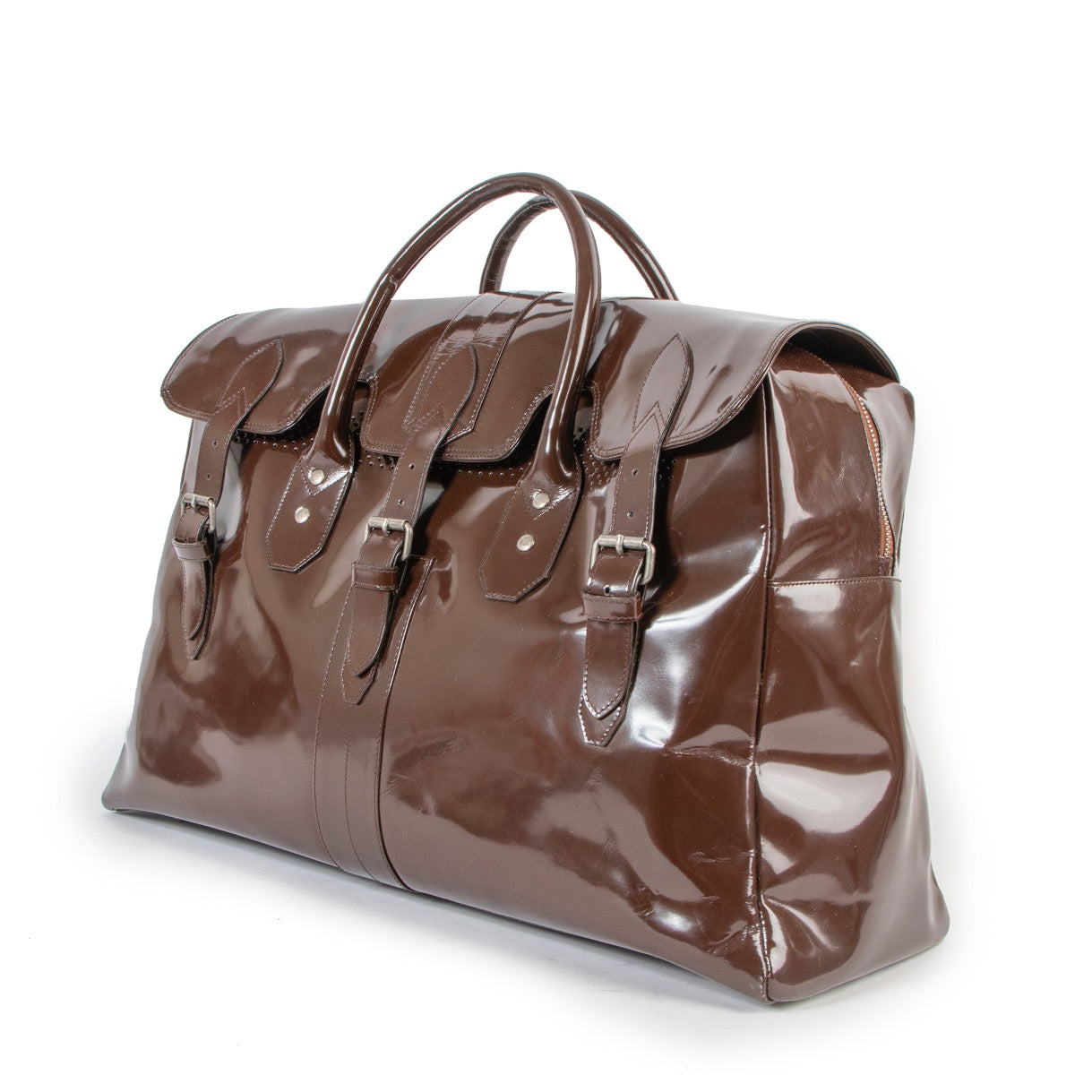 Shop safe online at Labellov in Antwerp this 100% authentic second hand Dries Van Noten Brown Patent Leather Travel Bag