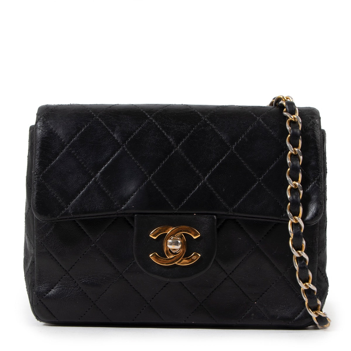 Buy an authentic second hand Chanel Black Lambskin Mini Square Classic Flap Bag GHW in good pre-loved condition at Labellov