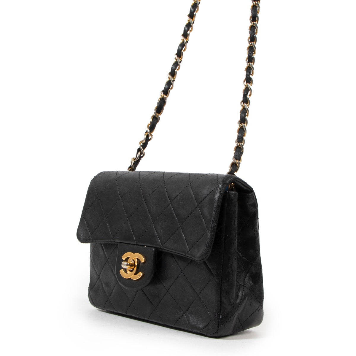 Buy an authentic second hand Chanel Black Lambskin Mini Square Classic Flap Bag GHW in good pre-loved condition at Labellov