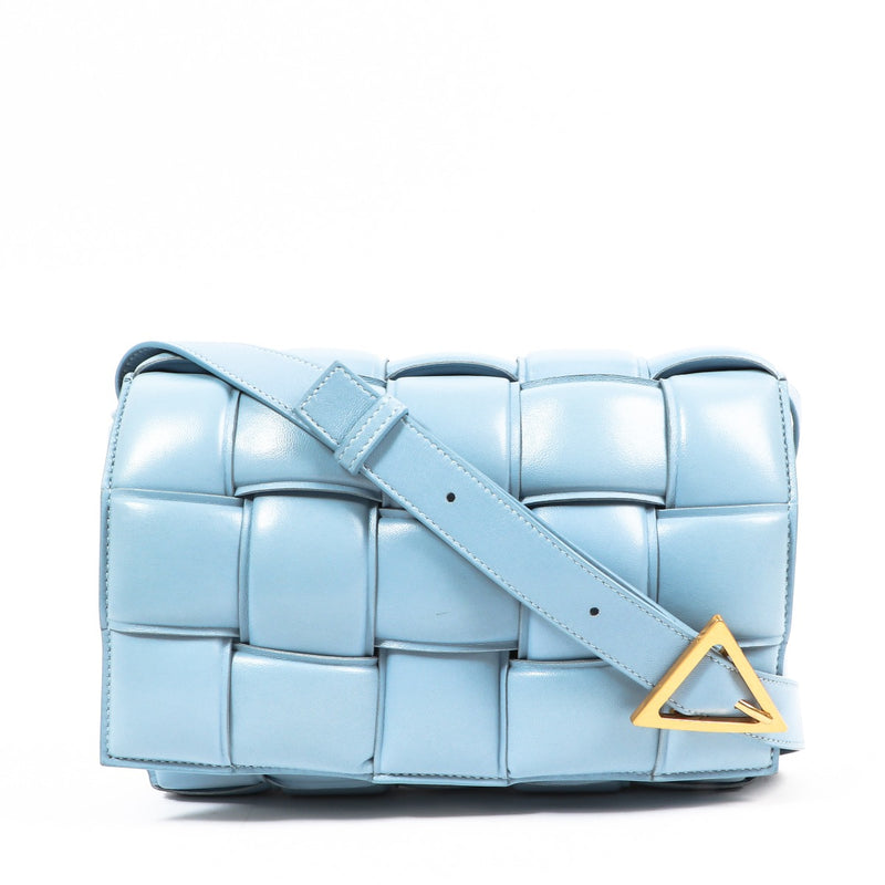 Buy an authentic second-hand Bottega Veneta Blue Lambskin Leather Padded Cassette Crossbody Bag in very good condition at Labellov in Antwerp.