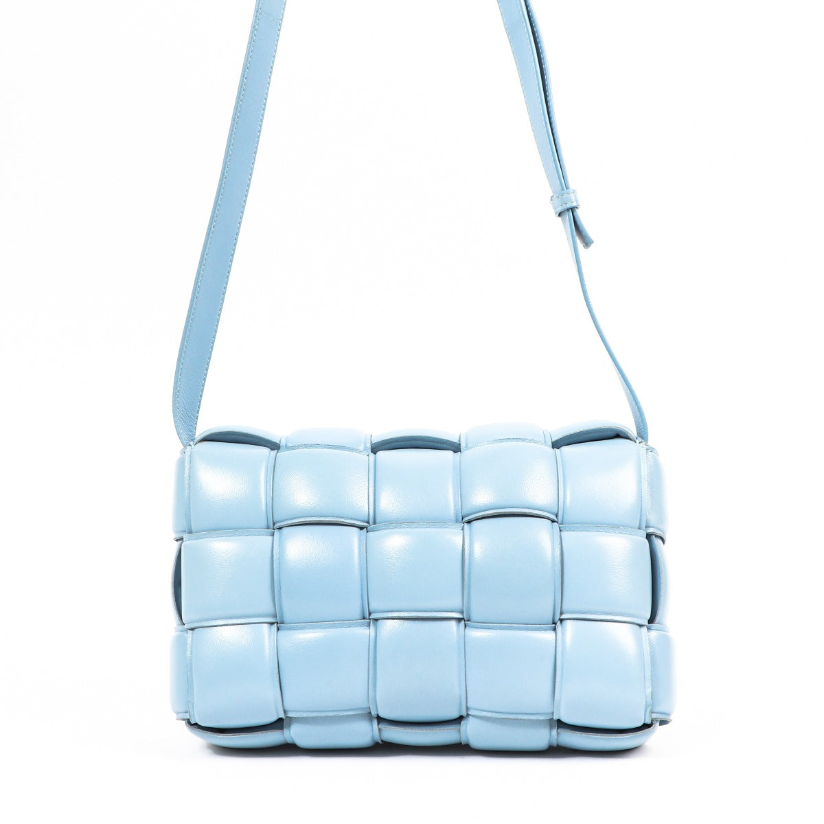 Buy an authentic second-hand Bottega Veneta Blue Lambskin Leather Padded Cassette Crossbody Bag in very good condition at Labellov in Antwerp.