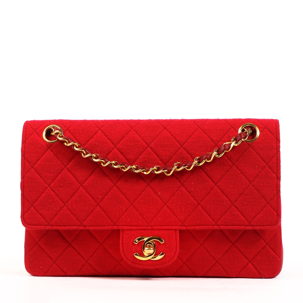 Buy an authentic second hand Chanel Red Fabric and Leather Medium Classic Flap Bag in very good condition at Labellov.com