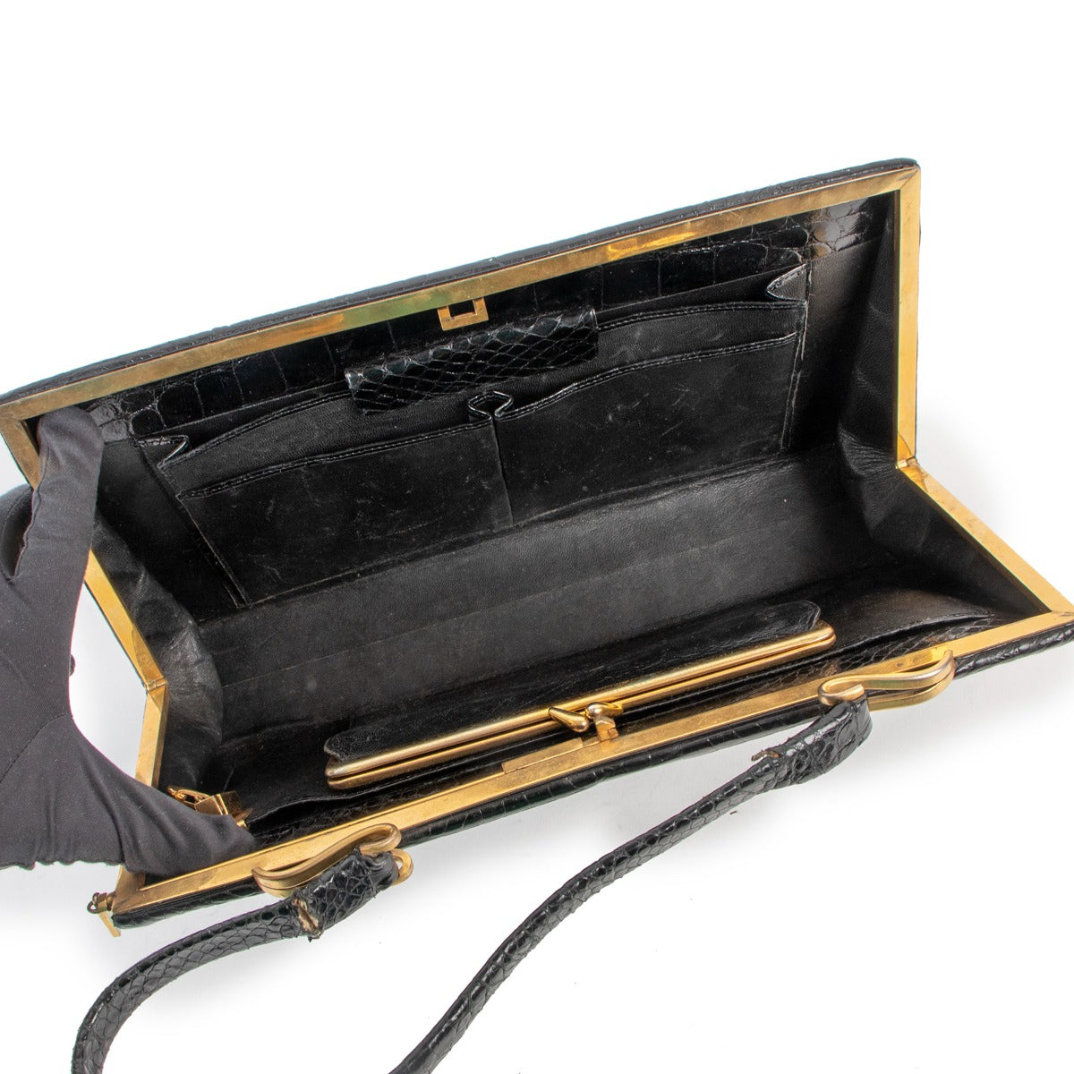 Delvaux 1960s Black Shiny Crocodile Top Handle Bag