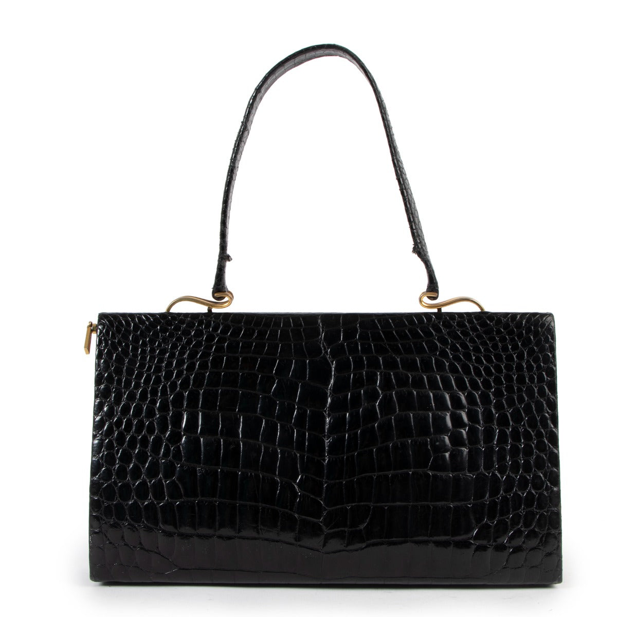 Delvaux 1960s Black Shiny Crocodile Top Handle Bag
