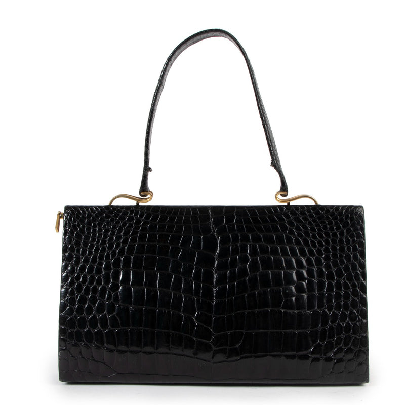 Delvaux 1960s Black Shiny Crocodile Top Handle Bag