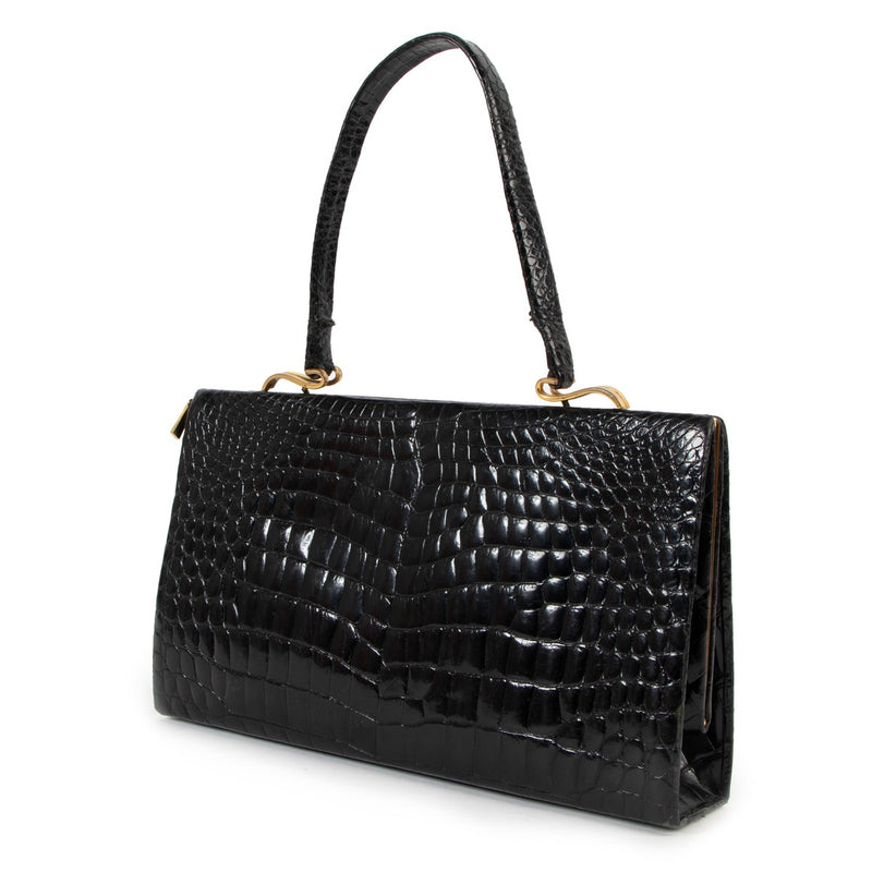 Delvaux 1960s Black Shiny Crocodile Top Handle Bag