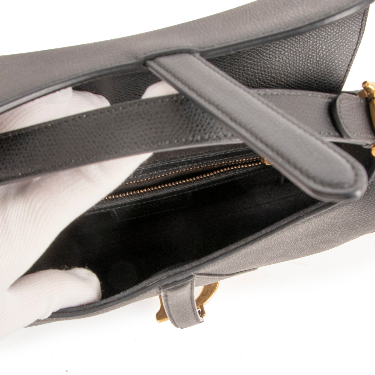 Christian Dior Zwart Leren Zadeltas + Zwart-Wit Gestreepte Geborduurde Band