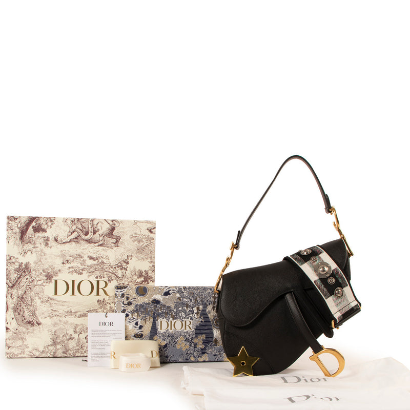 Christian Dior Zwart Leren Zadeltas + Zwart-Wit Gestreepte Geborduurde Band