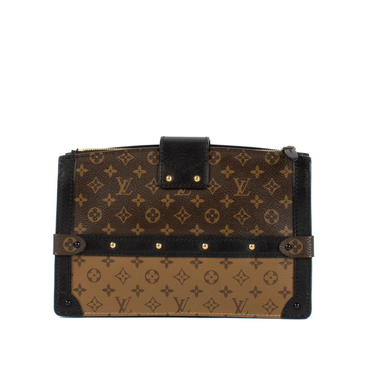 Shop safe online at Labellov in Antwerp and Knokke this 100% authentic second hand Louis Vuitton Reverse Monogram Trunk Clutch Crossbody Bag