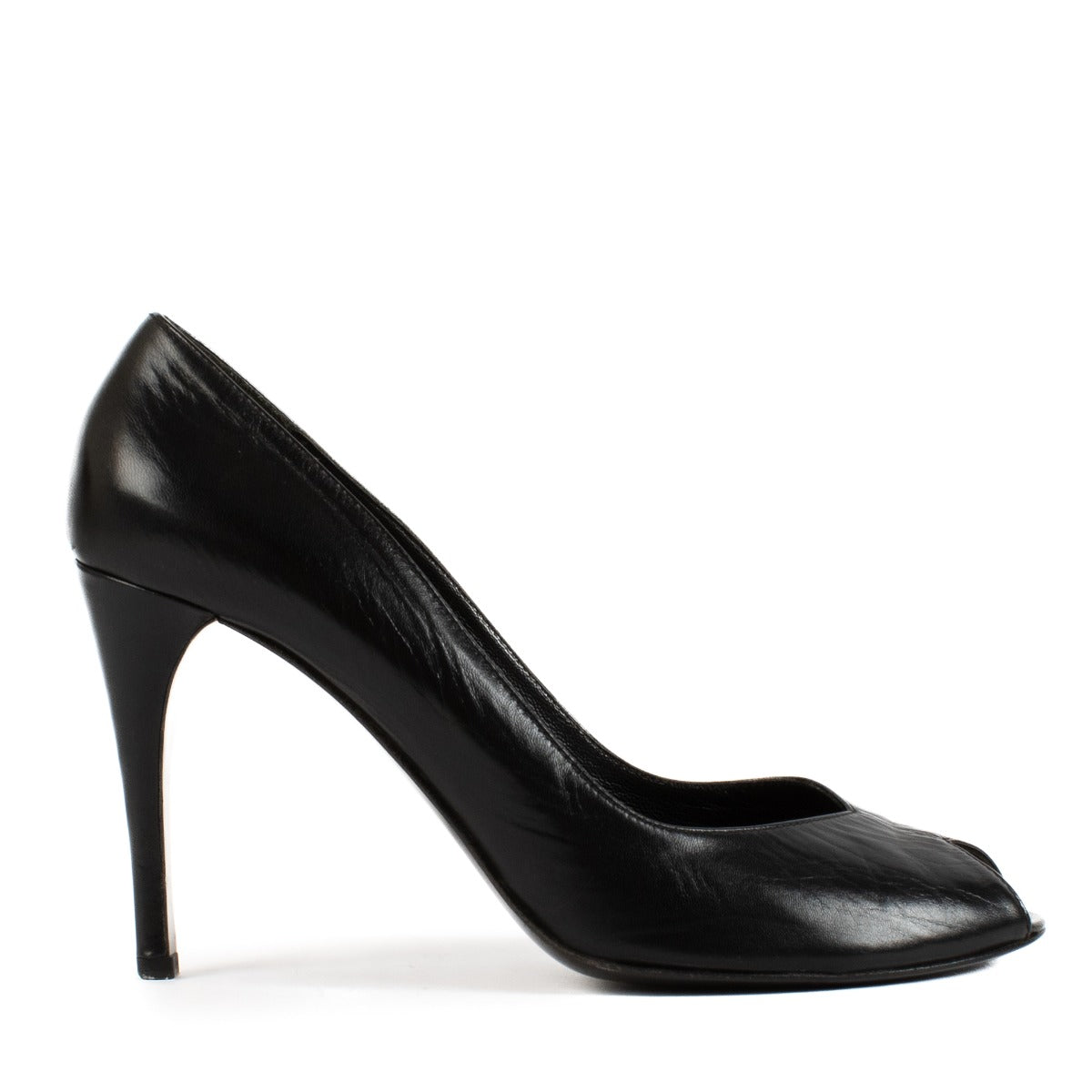 Prada Black Leather Open Toe Pumps
