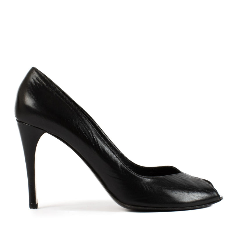 Prada Black Leather Open Toe Pumps
